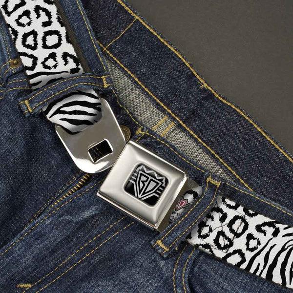 Buckle-Down BD Wings Logo CLOSE-UP Full Color Black Silver Seatbelt Belt - Cheebra White/Black Webbing