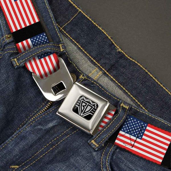 Buckle-Down BD Wings Logo CLOSE-UP Full Color Black Silver Seatbelt Belt - United States Flags Webbing