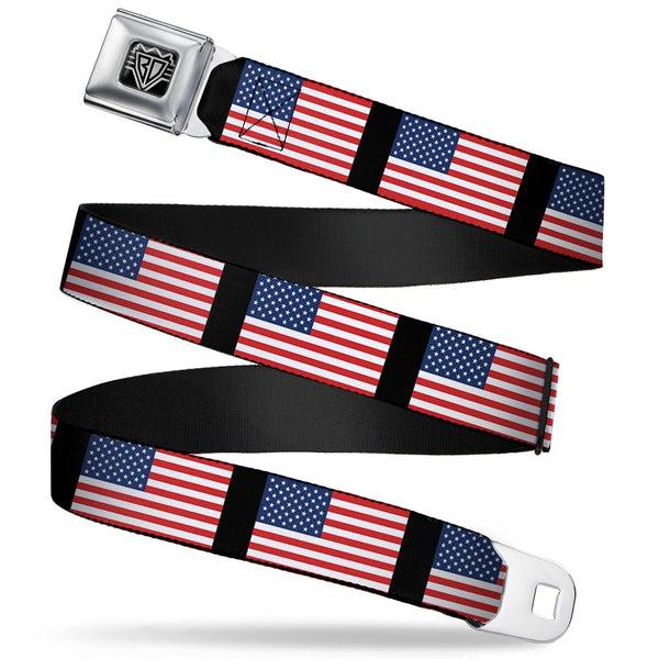 Buckle-Down BD Wings Logo CLOSE-UP Full Color Black Silver Seatbelt Belt - United States Flags Webbing