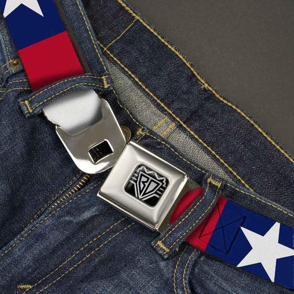Buckle-Down BD Wings Logo CLOSE-UP Full Color Black Silver Seatbelt Belt - Stars & Stripes Ribbon Red/Blue/White Webbing