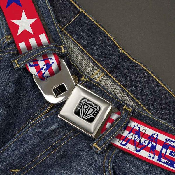 Buckle-Down BD Wings Logo CLOSE-UP Full Color Black Silver Seatbelt Belt - 'MERICA Stripes/Stars Red/White/Blue Webbing