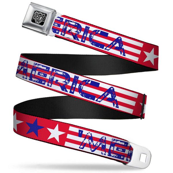 Buckle-Down BD Wings Logo CLOSE-UP Full Color Black Silver Seatbelt Belt - 'MERICA Stripes/Stars Red/White/Blue Webbing