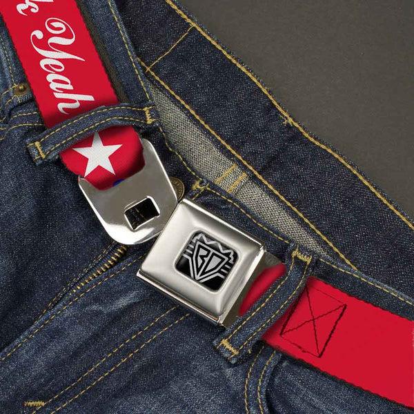 Buckle-Down BD Wings Logo CLOSE-UP Full Color Black Silver Seatbelt Belt - 'MERICA FUCK YEAH /Star Red/Blue/White Webbing