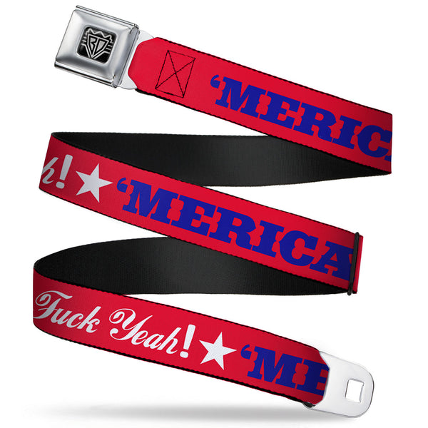 Buckle-Down BD Wings Logo CLOSE-UP Full Color Black Silver Seatbelt Belt - 'MERICA FUCK YEAH /Star Red/Blue/White Webbing