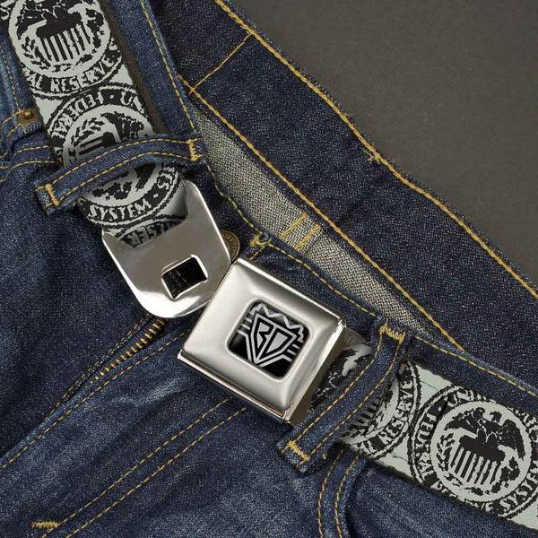 Buckle-Down BD Wings Logo CLOSE-UP Full Color Black Silver Seatbelt Belt - Americana Federal Reserve Seal Weathered Gray/Black Webbing