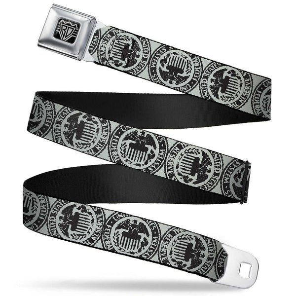 Buckle-Down BD Wings Logo CLOSE-UP Full Color Black Silver Seatbelt Belt - Americana Federal Reserve Seal Weathered Gray/Black Webbing