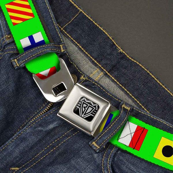 Buckle-Down BD Wings Logo CLOSE-UP Full Color Black Silver Seatbelt Belt - Nautical Flags Green/Multi Color Webbing