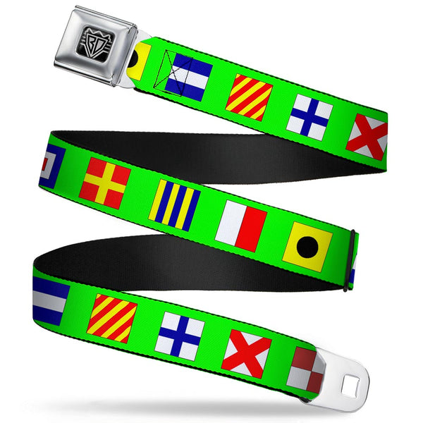 Buckle-Down BD Wings Logo CLOSE-UP Full Color Black Silver Seatbelt Belt - Nautical Flags Green/Multi Color Webbing
