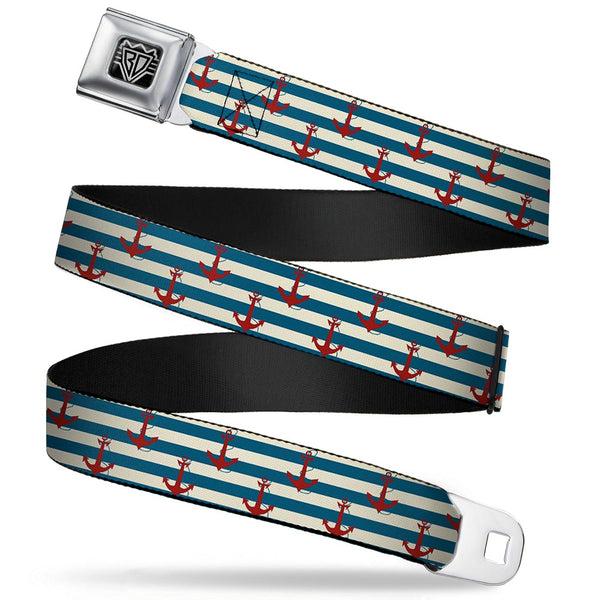 Buckle-Down BD Wings Logo CLOSE-UP Full Color Black Silver Seatbelt Belt - Anchors w/Stripes White/Blue/Red Webbing