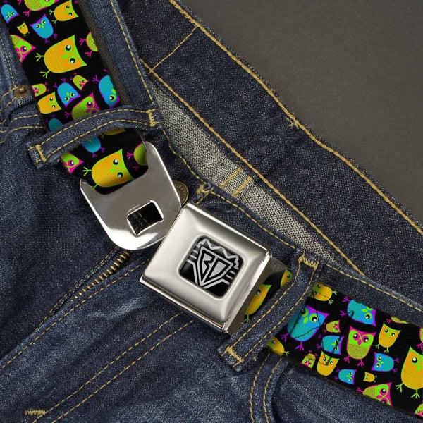 Buckle-Down BD Wings Logo CLOSE-UP Full Color Black Silver Seatbelt Belt - Owls W/Outline Black/Multi Neon Webbing