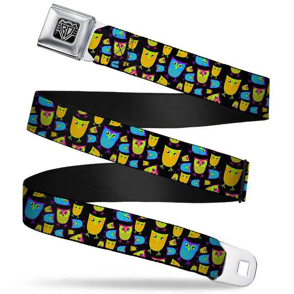 Buckle-Down BD Wings Logo CLOSE-UP Full Color Black Silver Seatbelt Belt - Owls w/Outline Black/Multi Neon Webbing
