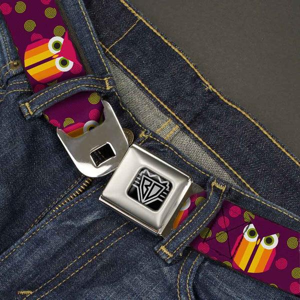 Buckle-Down BD Wings Logo CLOSE-UP Full Color Black Silver Seatbelt Belt - Owls Striped W/Swirls Purple Webbing