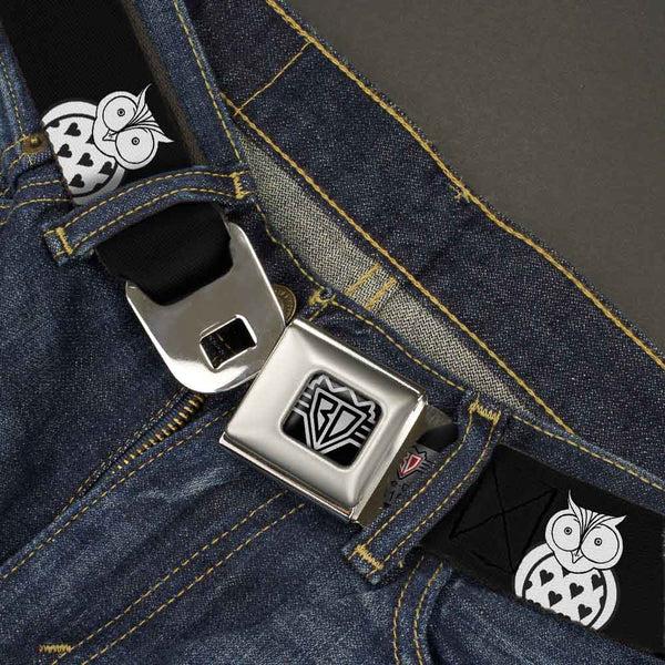Buckle-Down BD Wings Logo CLOSE-UP Full Color Black Silver Seatbelt Belt - Owls Black/White1 Webbing