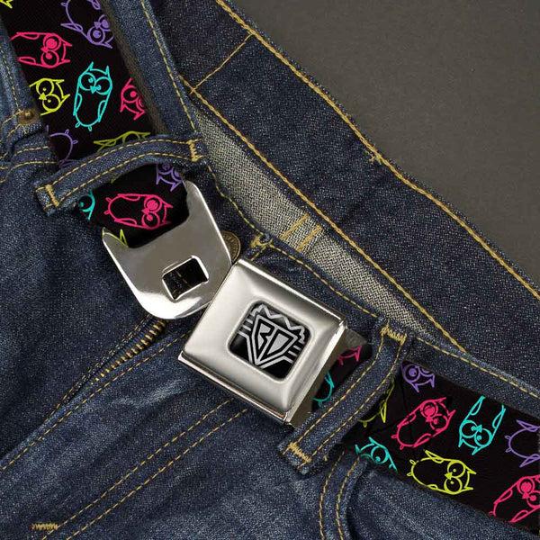 Buckle-Down BD Wings Logo CLOSE-UP Full Color Black Silver Seatbelt Belt - Owl Sketch Black/Multi Color Webbing