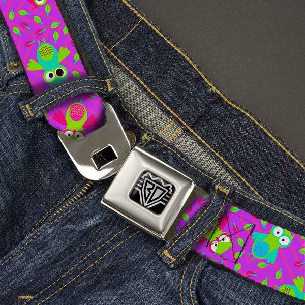 Buckle-Down BD Wings Logo CLOSE-UP Full Color Black Silver Seatbelt Belt - Flying Owls W/Leaves Purple/Multi Color Webbing