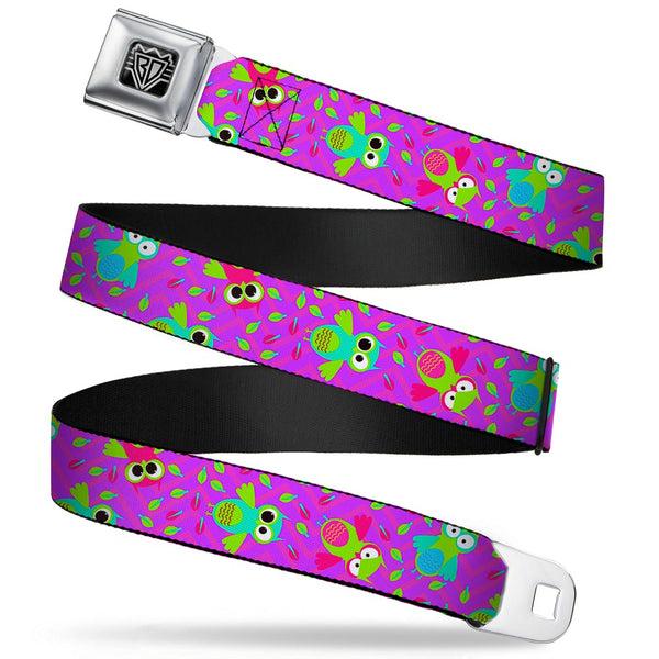 Buckle-Down BD Wings Logo CLOSE-UP Full Color Black Silver Seatbelt Belt - Flying Owls w/Leaves Purple/Multi Color Webbing