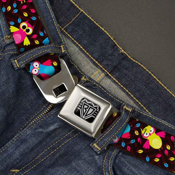 Buckle-Down BD Wings Logo CLOSE-UP Full Color Black Silver Seatbelt Belt - Flying Owls W/Leaves Black/Multi Color Webbing