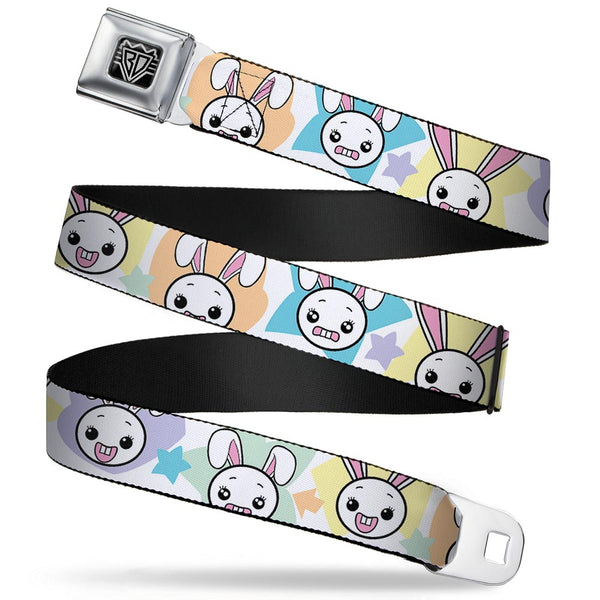 Buckle-Down BD Wings Logo CLOSE-UP Full Color Black Silver Seatbelt Belt - Happy/Sad Bunnies & Stars White/Pastel Webbing