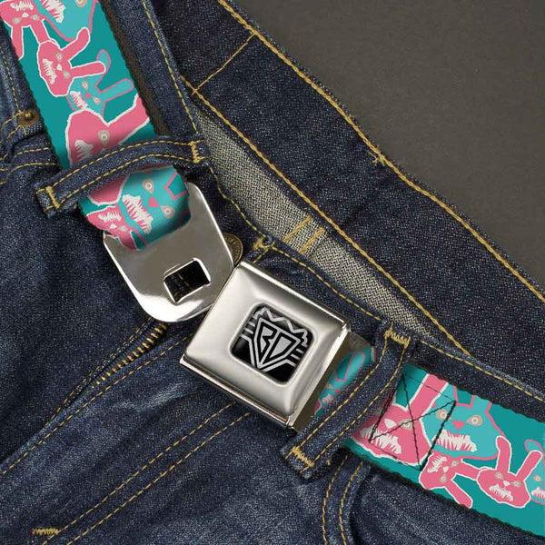 Buckle-Down BD Wings Logo CLOSE-UP Full Color Black Silver Seatbelt Belt - Angry Bunnies Turquoise/Pinks Webbing