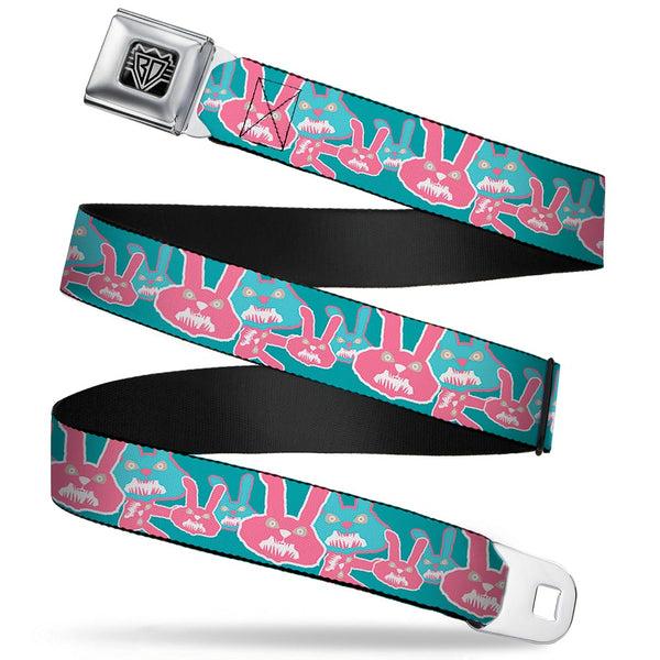 Buckle-Down BD Wings Logo CLOSE-UP Full Color Black Silver Seatbelt Belt - Angry Bunnies Turquoise/Pinks Webbing
