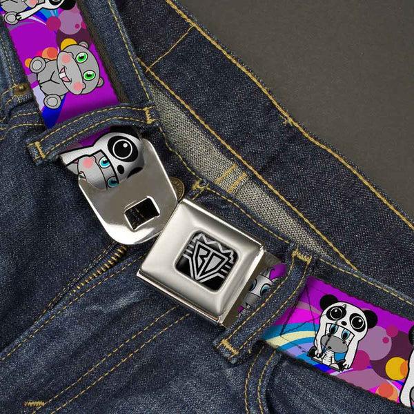 Buckle-Down BD Wings Logo CLOSE-UP Full Color Black Silver Seatbelt Belt - Panda Hat Animals W/Bright Color Burst Webbing