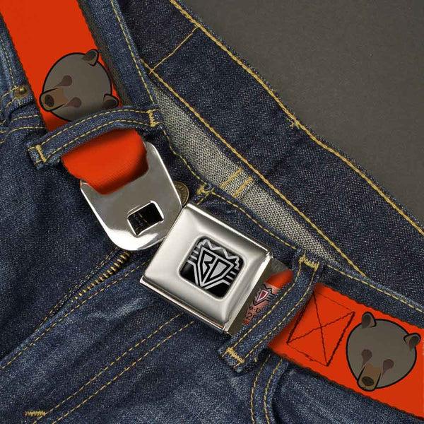 Buckle-Down BD Wings Logo CLOSE-UP Full Color Black Silver Seatbelt Belt - Brown Bear Repeat Orange Webbing