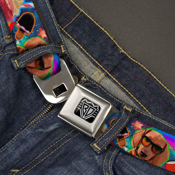 Buckle-Down BD Wings Logo CLOSE-UP Full Color Black Silver Seatbelt Belt - Pets & Snacks Rainbow Collage Webbing