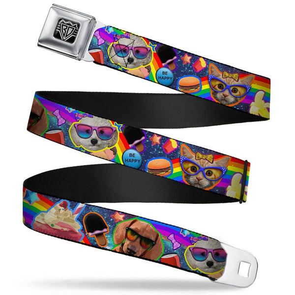 Buckle-Down BD Wings Logo CLOSE-UP Full Color Black Silver Seatbelt Belt - Pets & Snacks Rainbow Collage Webbing