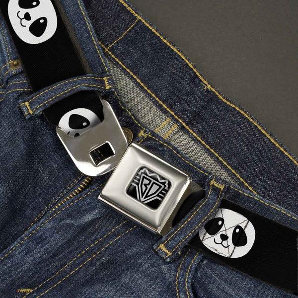 Buckle-Down BD Wings Logo CLOSE-UP Full Color Black Silver Seatbelt Belt - Smiling Panda Face Black/White Webbing