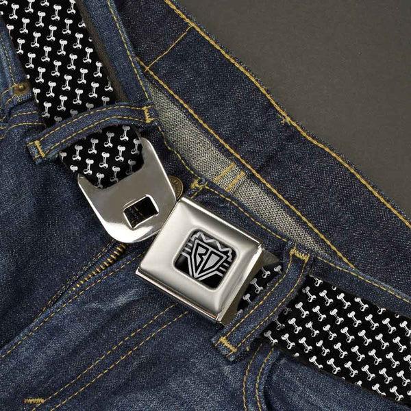 Buckle-Down BD Wings Logo CLOSE-UP Full Color Black Silver Seatbelt Belt - Dog Bone Black/White Webbing