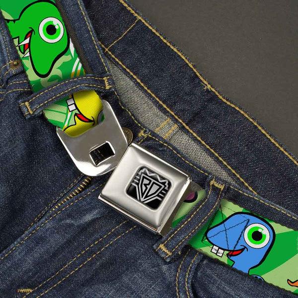 Buckle-Down BD Wings Logo CLOSE-UP Full Color Black Silver Seatbelt Belt - Cute Dinosaurs Yellow/Green Webbing