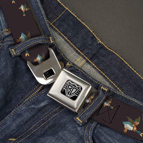 Buckle-Down BD Wings Logo CLOSE-UP Full Color Black Silver Seatbelt Belt - Flying Mallards Burgundy Webbing