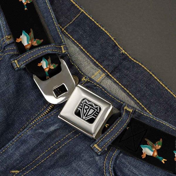Buckle-Down BD Wings Logo CLOSE-UP Full Color Black Silver Seatbelt Belt - Flying Mallards Black Webbing