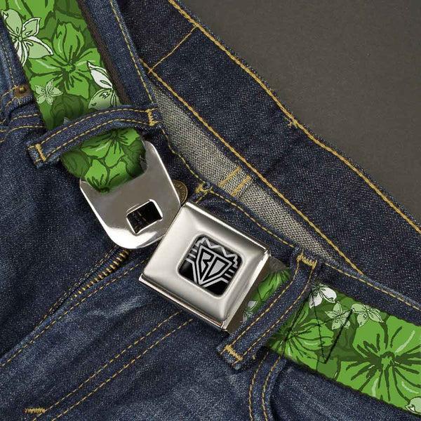 Buckle-Down BD Wings Logo CLOSE-UP Full Color Black Silver Seatbelt Belt - Hibiscus Collage Green Shades Webbing