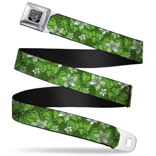 Buckle-Down BD Wings Logo CLOSE-UP Full Color Black Silver Seatbelt Belt - Hibiscus Collage Green Shades Webbing