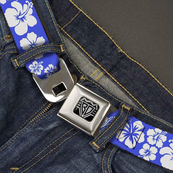 Buckle-Down BD Wings Logo CLOSE-UP Full Color Black Silver Seatbelt Belt - Hibiscus Blue/White Webbing