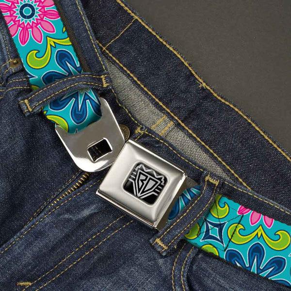 Buckle-Down BD Wings Logo CLOSE-UP Full Color Black Silver Seatbelt Belt - Floral Burst Turquoise/Blues/Pinks/Yellow/Green Webbing
