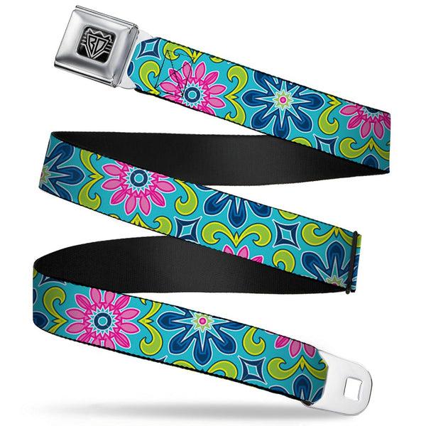Buckle-Down BD Wings Logo CLOSE-UP Full Color Black Silver Seatbelt Belt - Floral Burst Turquoise/Blues/Pinks/Yellow/Green Webbing