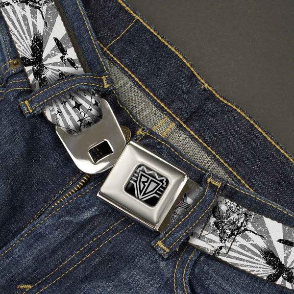 Buckle-Down BD Wings Logo CLOSE-UP Full Color Black Silver Seatbelt Belt - Rising Sun White/Gray Webbing