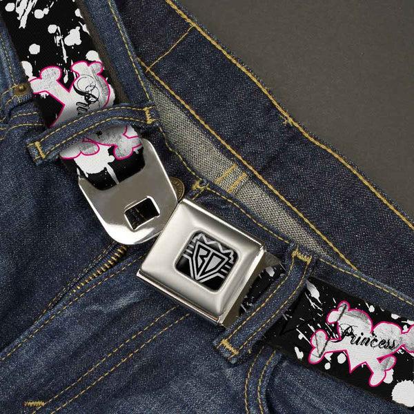 Buckle-Down BD Wings Logo CLOSE-UP Full Color Black Silver Seatbelt Belt - Punk Princess Heart & Cross Bones W/Splatter Black/White Webbing