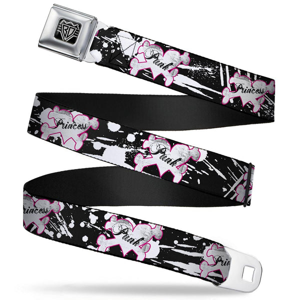 Buckle-Down BD Wings Logo CLOSE-UP Full Color Black Silver Seatbelt Belt - Punk Princess Heart & Cross Bones w/Splatter Black/White Webbing