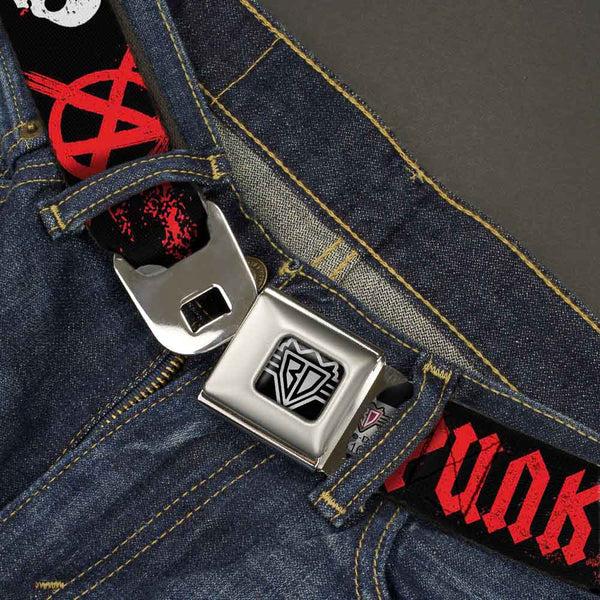 Buckle-Down BD Wings Logo CLOSE-UP Full Color Black Silver Seatbelt Belt - Punk Princess Black/Red/White Webbing