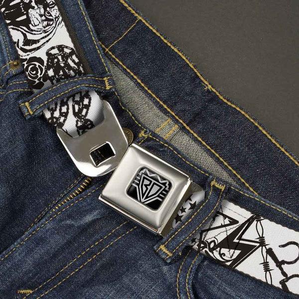 Buckle-Down BD Wings Logo CLOSE-UP Full Color Black Silver Seatbelt Belt - Madness White/Black Webbing