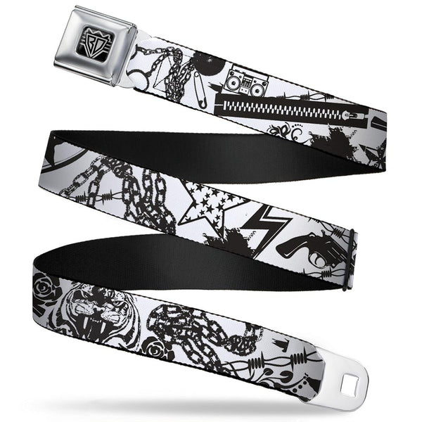 Buckle-Down BD Wings Logo CLOSE-UP Full Color Black Silver Seatbelt Belt - Madness White/Black Webbing
