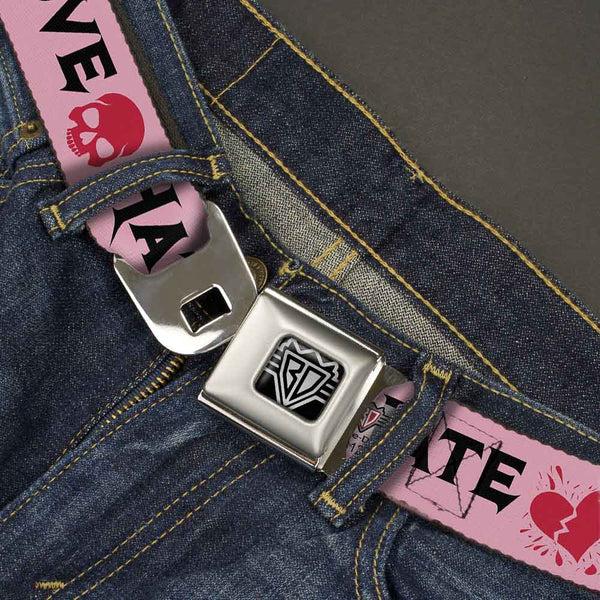 Buckle-Down BD Wings Logo CLOSE-UP Full Color Black Silver Seatbelt Belt - Love/Hate/Betrayal Pink/Black/Fuchsia Webbing