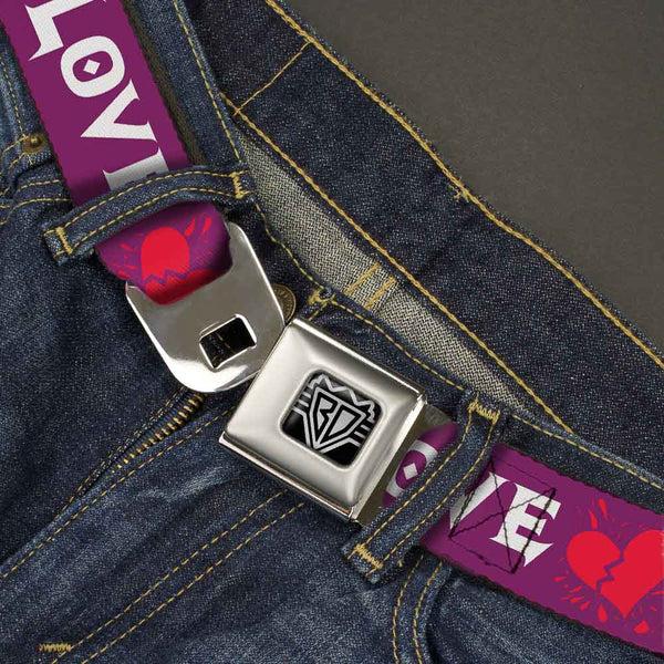 Buckle-Down BD Wings Logo CLOSE-UP Full Color Black Silver Seatbelt Belt - Love/Hate Purple/White/Fuchsia Webbing
