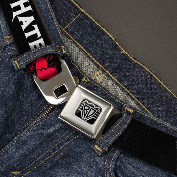 Buckle-Down BD Wings Logo CLOSE-UP Full Color Black Silver Seatbelt Belt - Love/Hate Black/White/Fuchsia Webbing