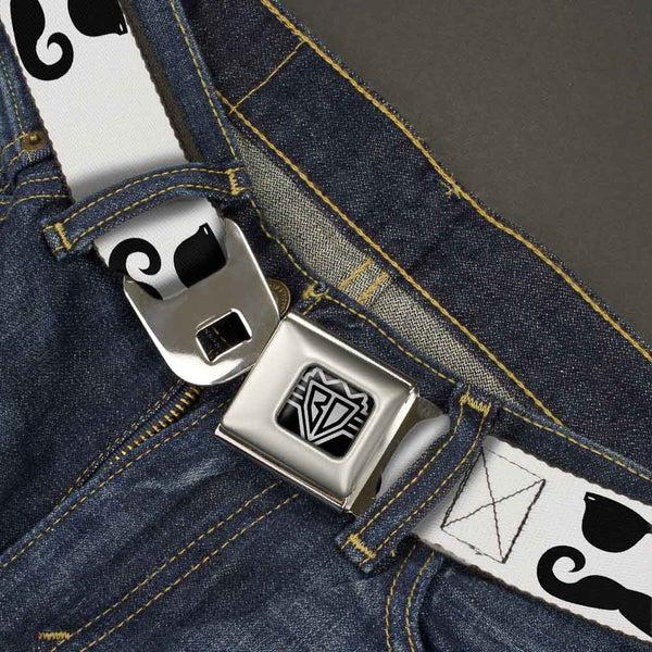 Buckle-Down BD Wings Logo CLOSE-UP Full Color Black Silver Seatbelt Belt - Sunglasses & Mustache White/Black Webbing