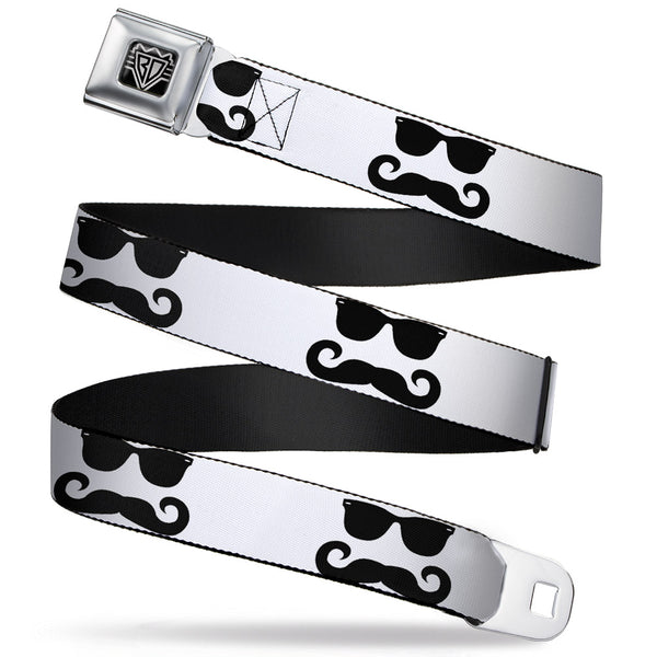 Buckle-Down BD Wings Logo CLOSE-UP Full Color Black Silver Seatbelt Belt - Sunglasses & Mustache White/Black Webbing