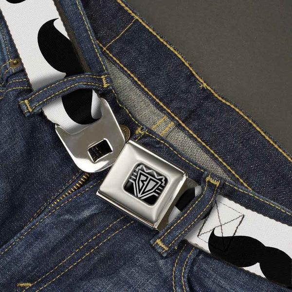 Buckle-Down BD Wings Logo CLOSE-UP Full Color Black Silver Seatbelt Belt - Mustaches White/Black Webbing